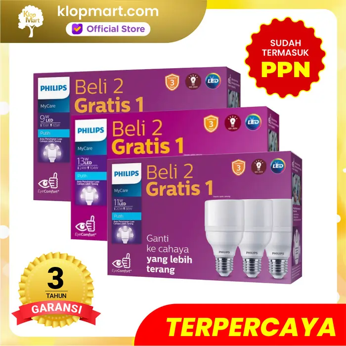 Jual Lampu Philips LED Bright MyCare Pack Isi 3 9W 11W 13W E27 6500K-Putih - 13Watt