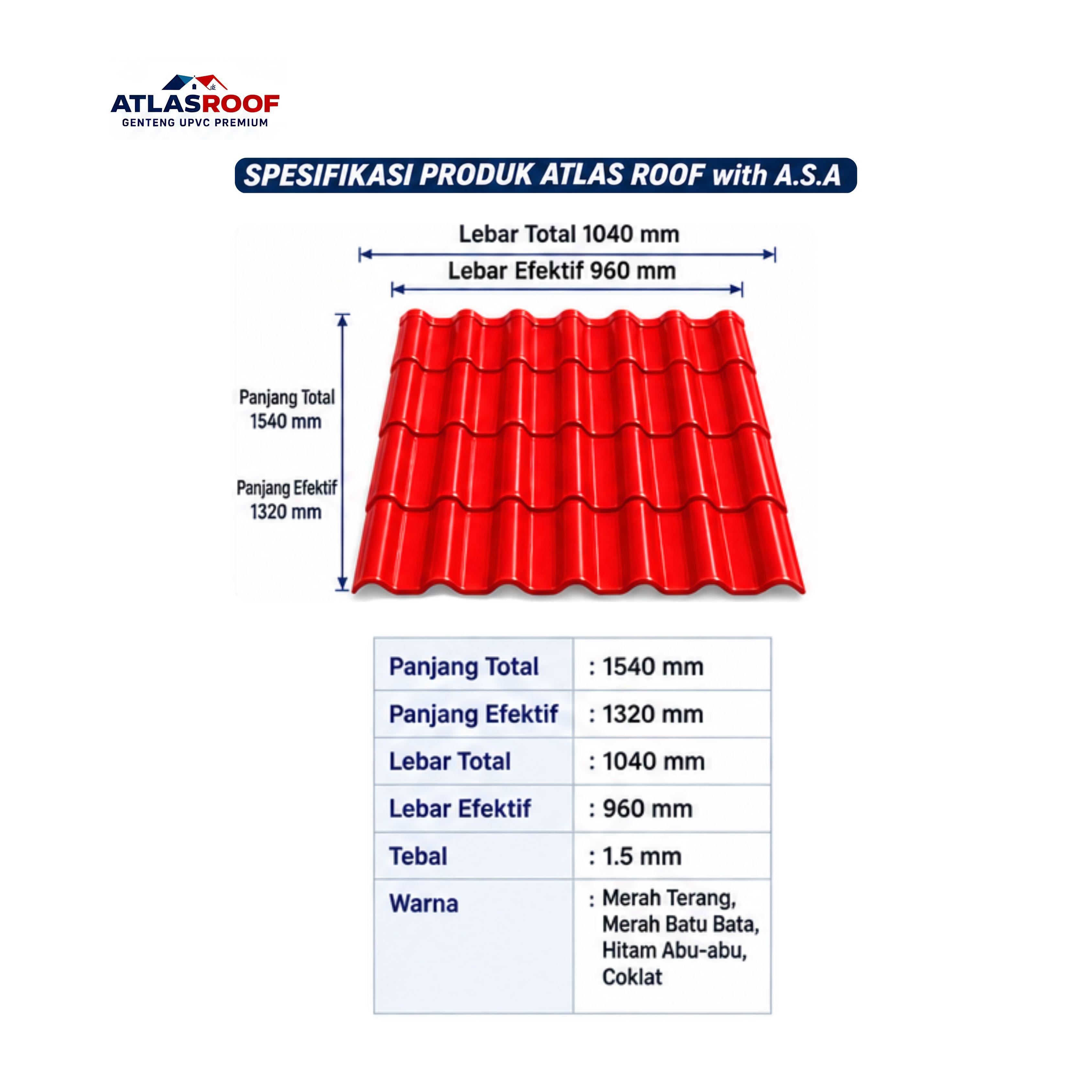 Jual Genteng UPVC Premium ATLAS ROOF with A.S.A. - Warna Merah Terang-2